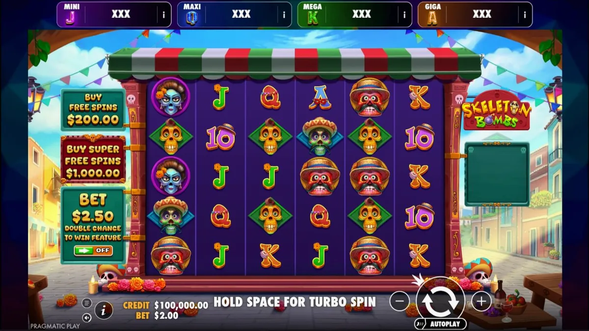 Cena vibrante do jogo de slot Skeleton Bombs com caveiras coloridas e elementos festivos