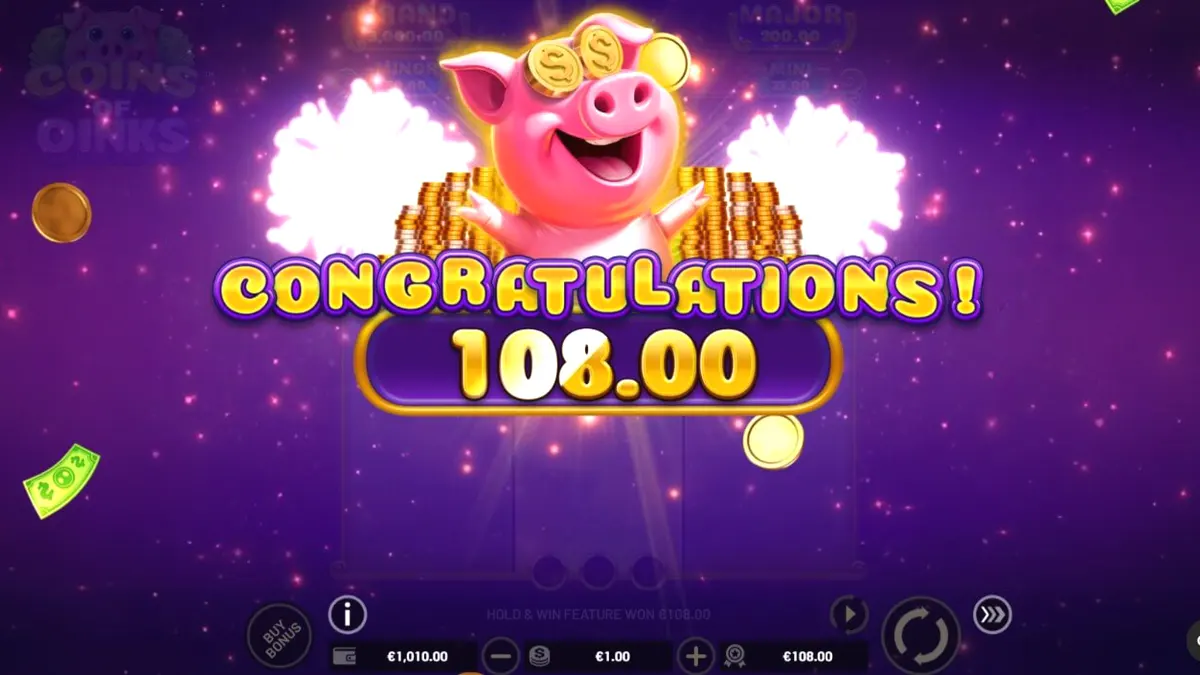 Interface do jogo de slot Coins of Oinks com porcos luxuosos e símbolos de moedas de ouro