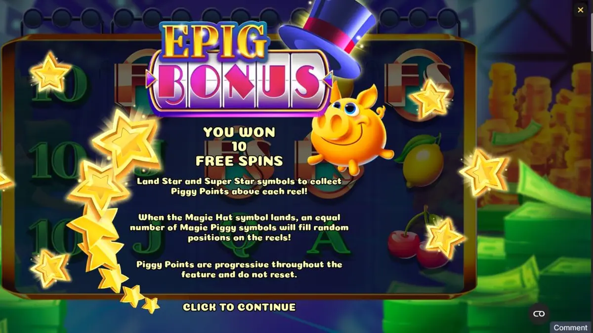Interface do jogo Magic Piggy OG com tema de show de prêmios e porquinhos dourados